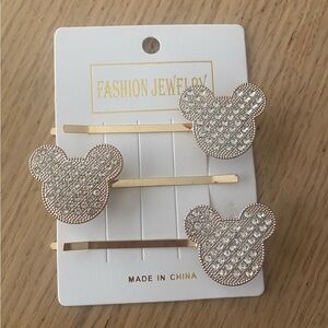🆕Mickey Mouse Hair Clips Gold Tone W/ Rhinestones 3 PC🆕